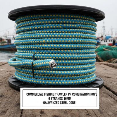 Commercial Fishing Trawler PP Combination Rope 6 Strands 16mm with Galvanized Steel Core for Fishing Nets